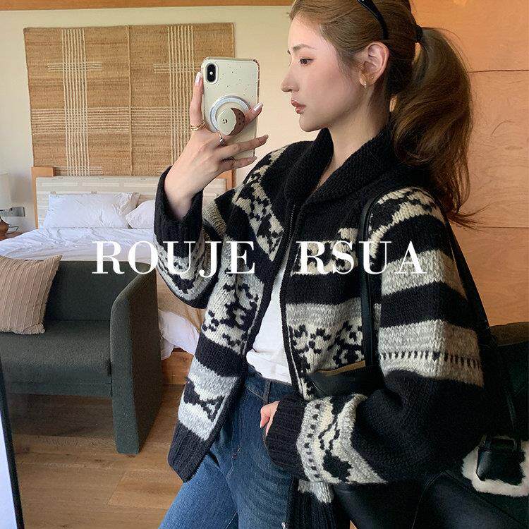 ROUJE RSUA法式秋冬慵懒宽松加厚开衫费尔岛提花拉链针织毛衣外套