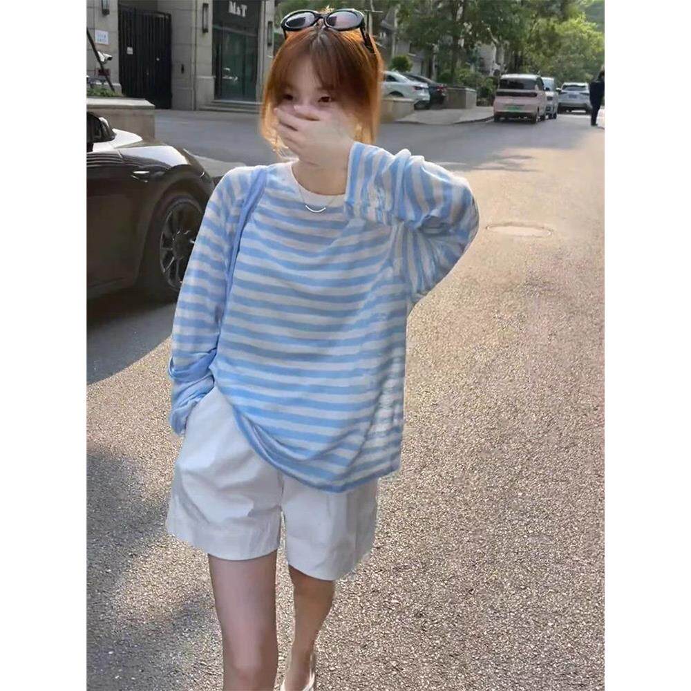 蓝色条纹防晒罩衫女夏薄款韩版气质凉感冰丝长袖T恤宽松外搭上衣
