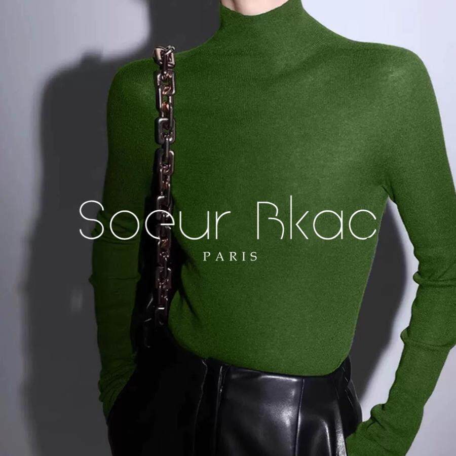 法国SOEUR BKAC法式秋季复古绿色半高领针织衫修身显瘦毛衣上衣女