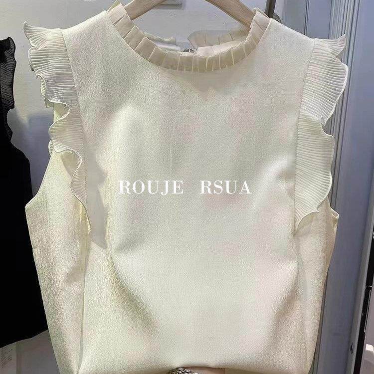 ROUJE RSUA法式无袖衬衫显瘦黑白拼接小飞袖上衣女装拼色花边领