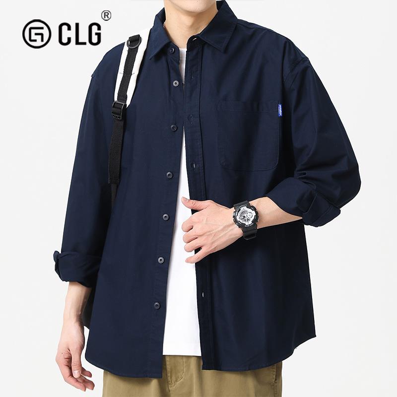 香港CLG潮牌牛津纺衬衫长袖纯棉纯色休闲衬衣男新款日系潮流外套