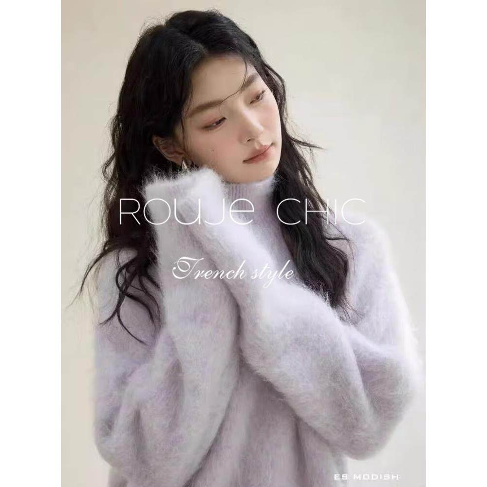 法国Rouje Chic法式设计感紫色水貂绒高领毛衣女秋冬软糯针织上衣,女装/女士精品,大码内搭,淘宝优惠券,粉丝福利购,淘宝优惠卷