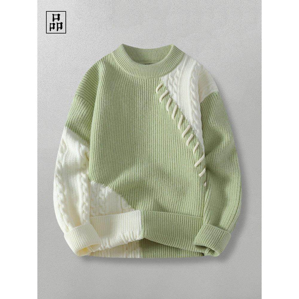 勾线拼接！舒适亲肤！秋日系覆古圆领套头拼色打底针织男女毛衣,男装,秀禾服,淘宝优惠券,粉丝福利购,淘宝优惠卷