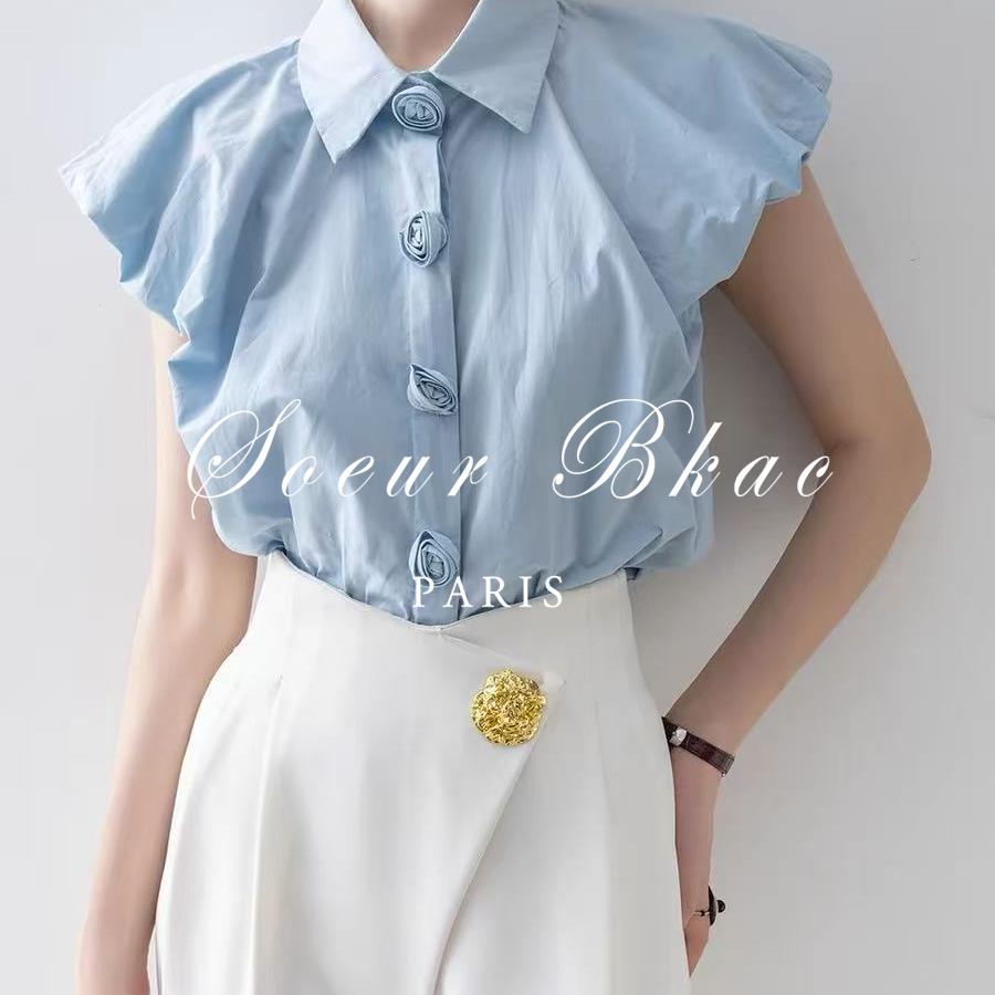 法国SOEUR BKAC法式蓝色翻领短袖女轻奢风高端别致玫瑰花纽扣衬衫