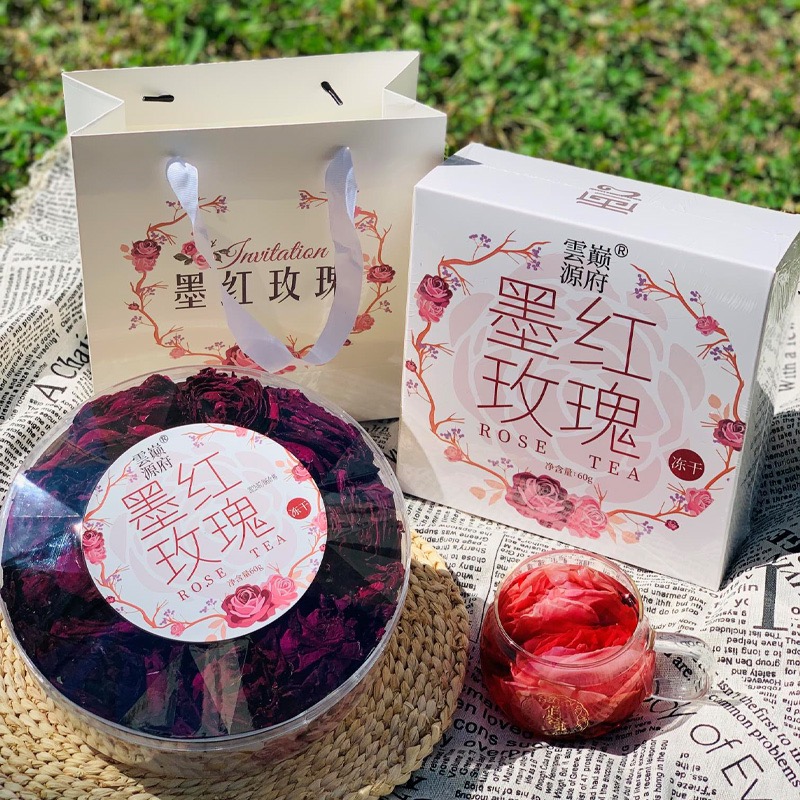 云南玫瑰花茶冻干墨红玫瑰花礼盒套装金边玫瑰花整朵新花重瓣玫瑰