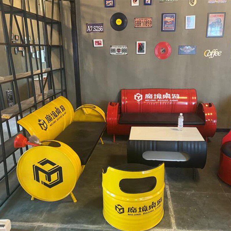 创意餐厅卡座沙发油桶茶几休闲酒吧桌休闲复古清酒吧烧烤桌椅圆凳