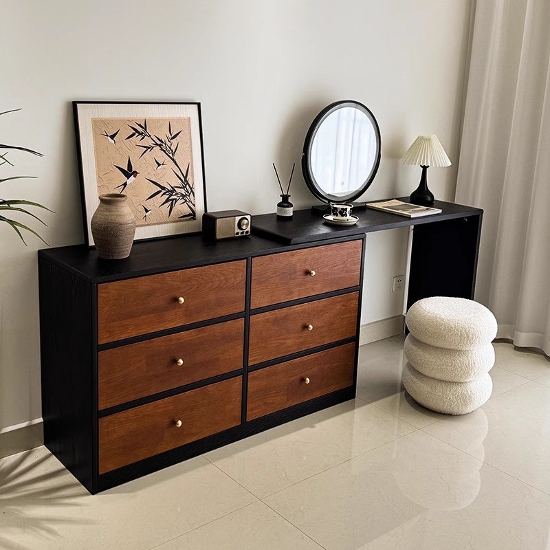 全实木中古风梳妆台斗柜一体桌卧室复古化妆桌小户型收纳柜化妆台