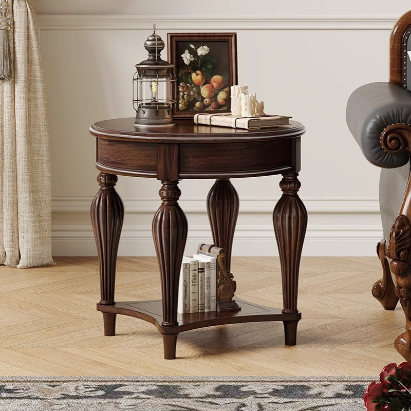 美式复古黑胡桃木圆几家用客厅全实木小边几小户型高级感小型茶几