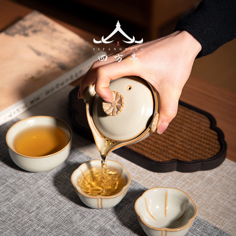 汝窑便携旅行茶具套装汝瓷快客杯一壶一杯茶壶两杯女士一人