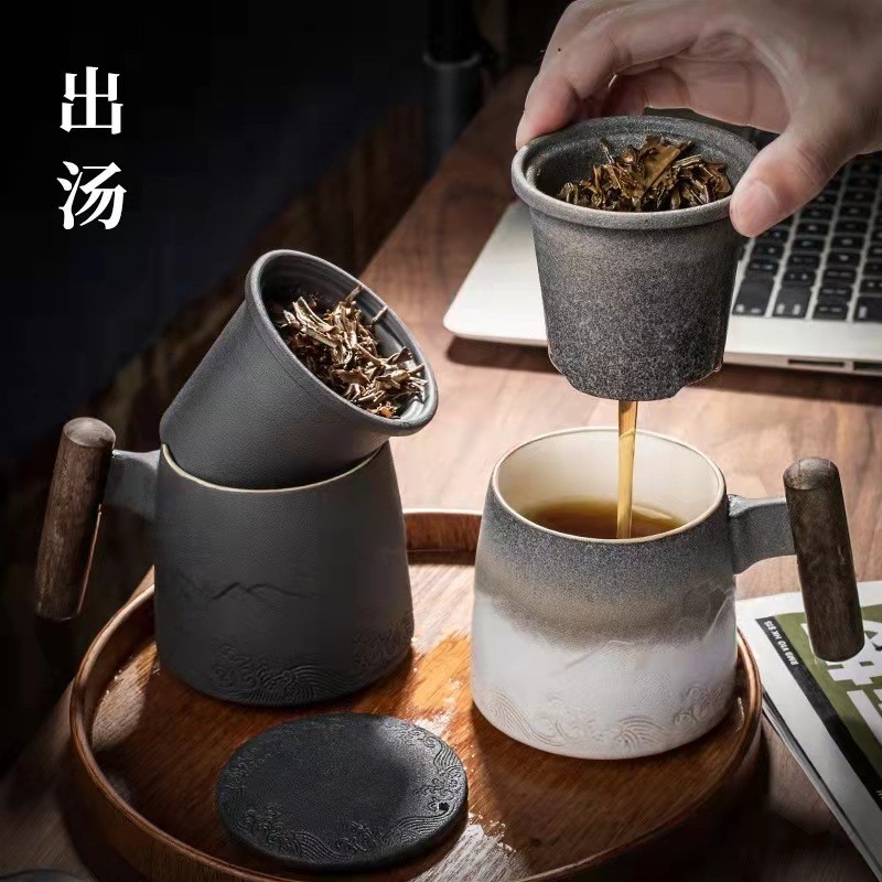 念云居山海行带盖过滤泡茶杯办公马克杯丁制家用陶瓷喝茶杯个人杯
