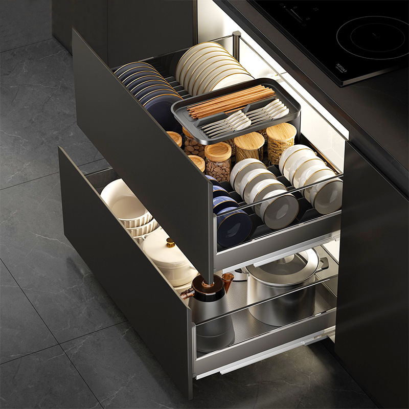 双层抽屉式铝合金拉篮厨房橱柜碗碟拉篮锅具开门式三边玻璃调味篮