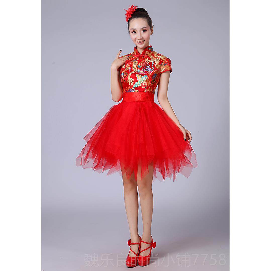 高档2020新款现代服舞蹈典表演服舞台演出装短款古旗袍蓬裙蓬广场