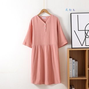 有加大码 新品 V领纽扣长裙 女士绉纹纱布中袖 五分袖