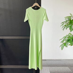 跨境女装法式2024春夏新款镂空绑带修身开叉a字裙 嫩绿冰丝连衣裙