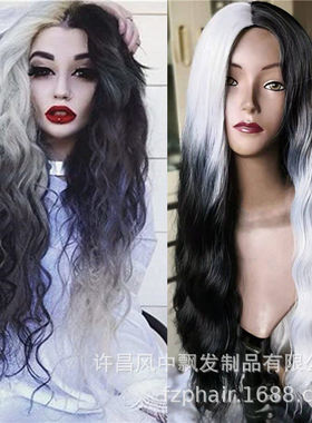 欧美网红假发女 染灰色长卷发中分全头套