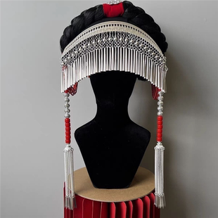 凉山彝族女帽子帕子带饰品瓦盖头盖全套多款仿银纯银多种彝族头饰