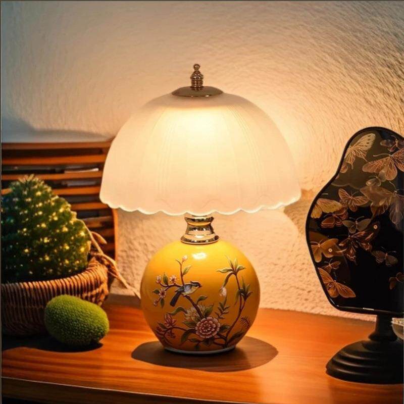中式复古简约花鸟灯陶瓷台灯卧室床头小夜灯国风轻奢豪华床头台灯
