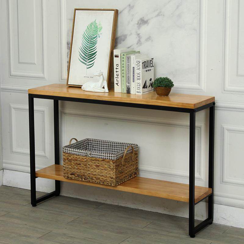 实木双层玄关桌北欧简约长条窄边桌铁艺美式墙边案台长条几置物架