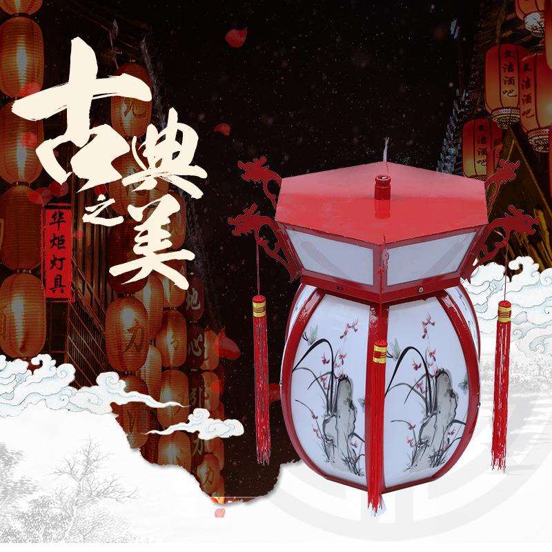 中式六角吊灯古典户外庭院灯喜庆诗画铝制亚克力球形吊灯