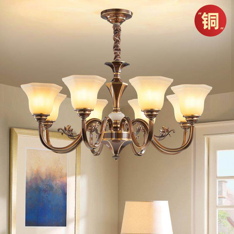 现代美式轻奢简约客厅卧室灯具欧式田园书房餐厅玻璃灯罩全铜吊灯