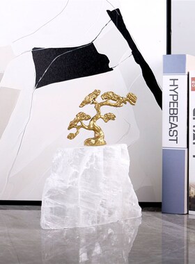 轻奢迎客松摆件天然p石底座客厅玄关柜样板间电视柜家居装饰品