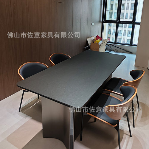 德利丰极光黑岩板餐桌椅家用意式极简轻奢长方形黑色岩板餐桌椅子