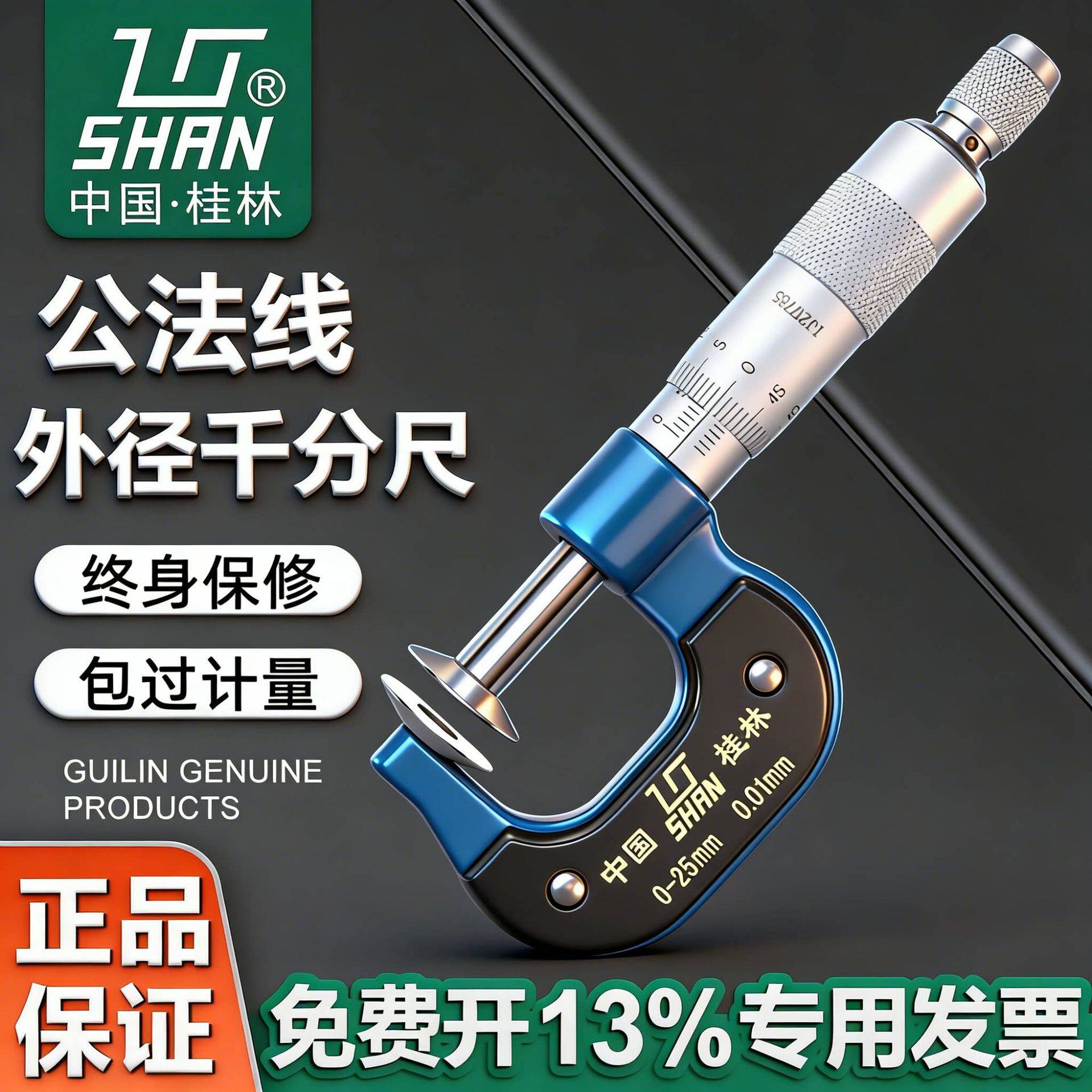桂量桂林公法线千分尺0-25-50-75-100-200-300mm齿轮纸张测量盘头