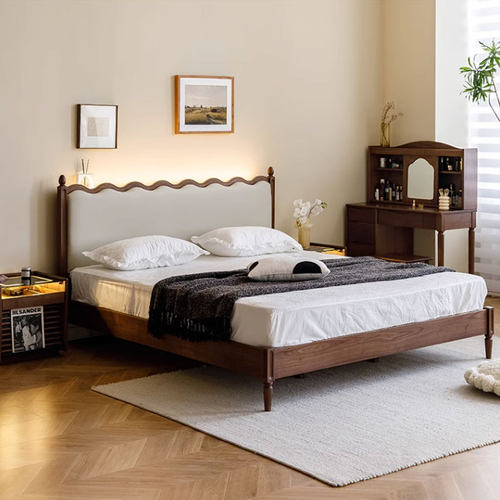 复古北美黑胡桃木实木床主卧北欧简约日式软包樱桃木中古双人床