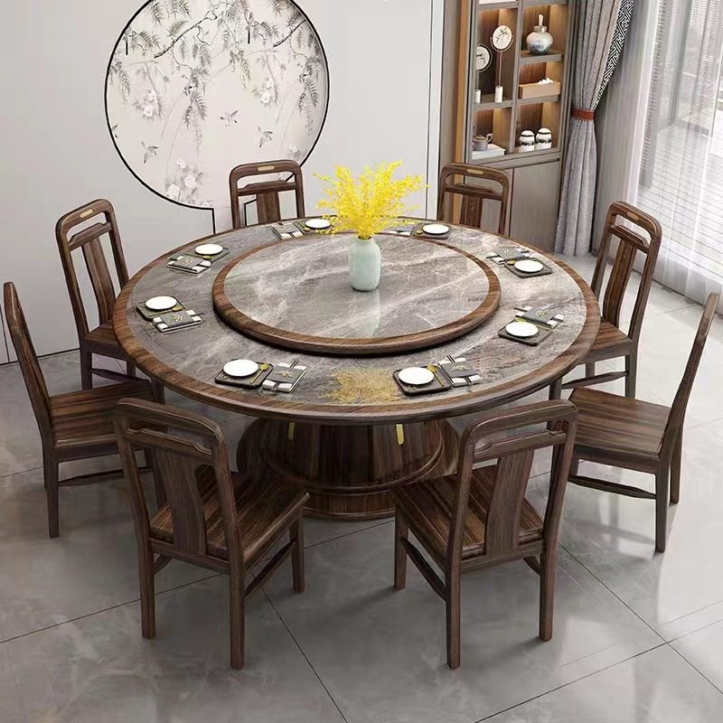 新中式乌金木实木餐桌椅组合现代简约带转盘岩板轻奢家用大圆桌子