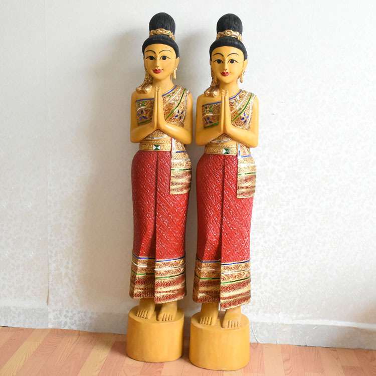 泰国迎宾女木雕人物门童工艺品门童人物摆件东南亚特色家居装饰品