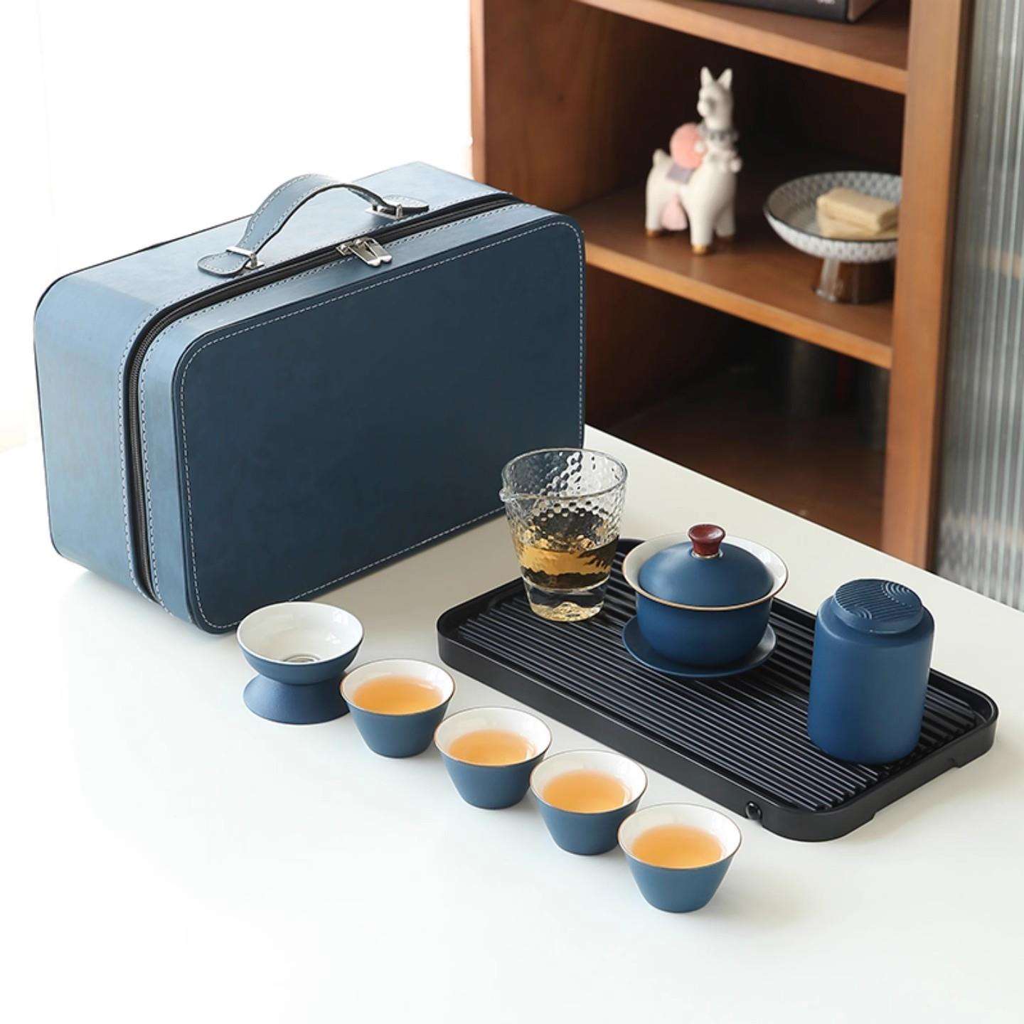 旅行茶具套装一壶四杯便携式快客杯户外露营泡茶壶茶杯茶盘收纳包