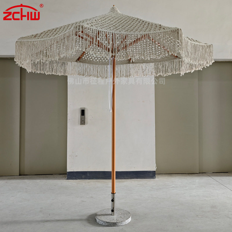 户外拉绳伞手工绳编镂空太阳伞网绳流苏中柱伞装饰遮阳沙滩伞批发