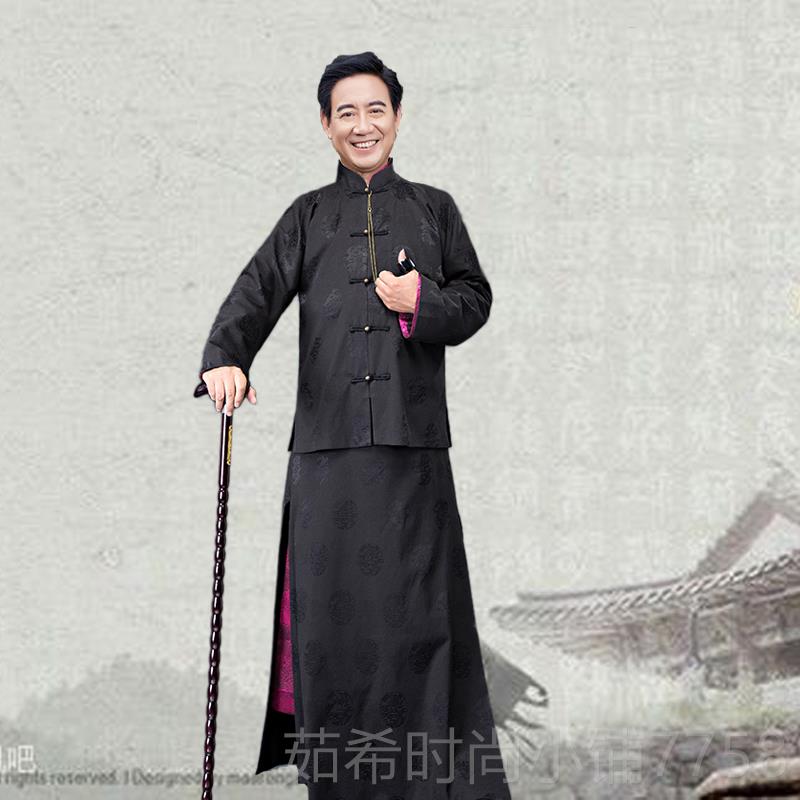 新款影视古爷装民国上海滩麻棉长衫长袍马褂老男老板清朝演出服装