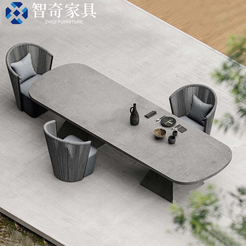户外藤编桌椅庭院茶座餐桌岩板室外家具花园藤椅餐椅北欧设计师椅