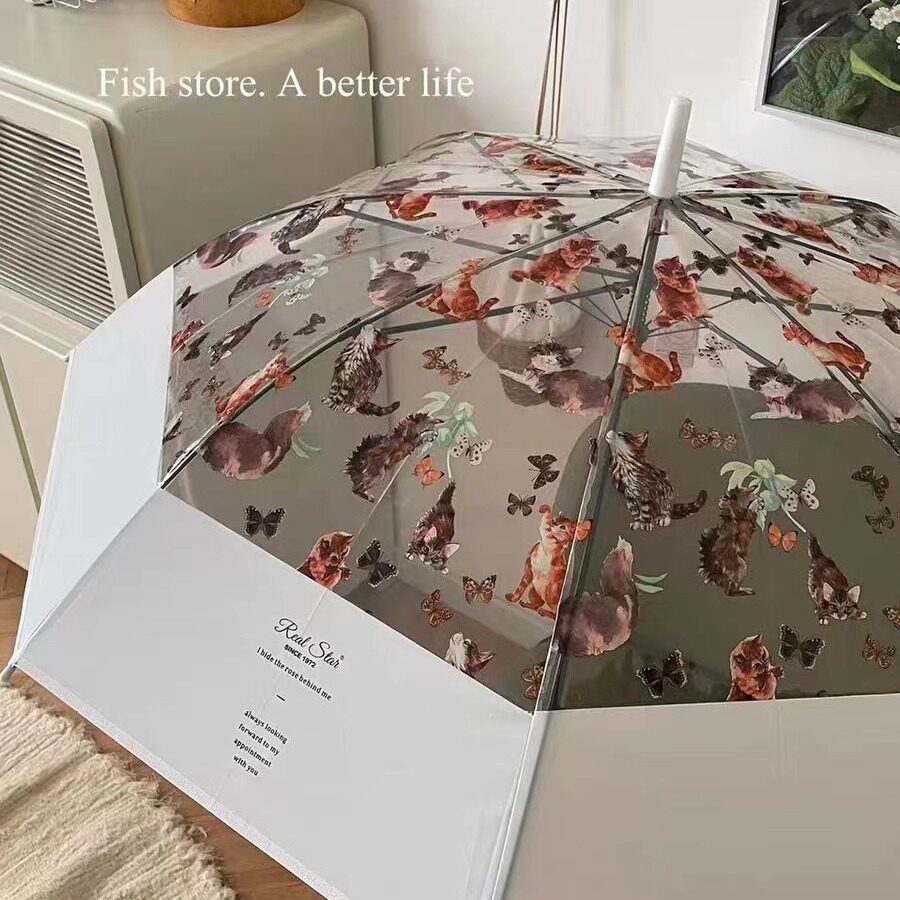 韩风ins复古油画高级感透明猫咪雨伞长柄女生可爱自动开伞成人伞