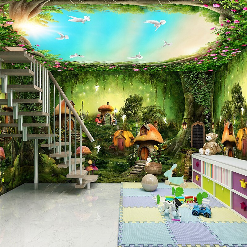 森林蘑菇屋装饰画墙贴小精灵的房子个性儿童房3D立体植物自然壁画图片