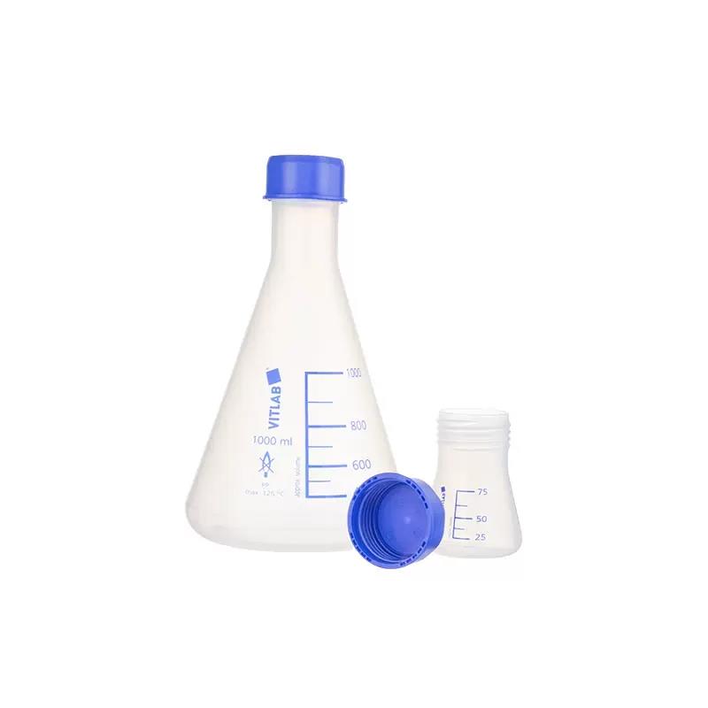 VITLAB塑料三角烧瓶125/250/500ml带螺帽进口PP培养瓶锥形瓶GL45