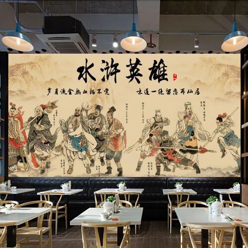 梁山好汉壁画中式火锅店复古怀旧串串香背景壁纸旧水浒传人物墙纸