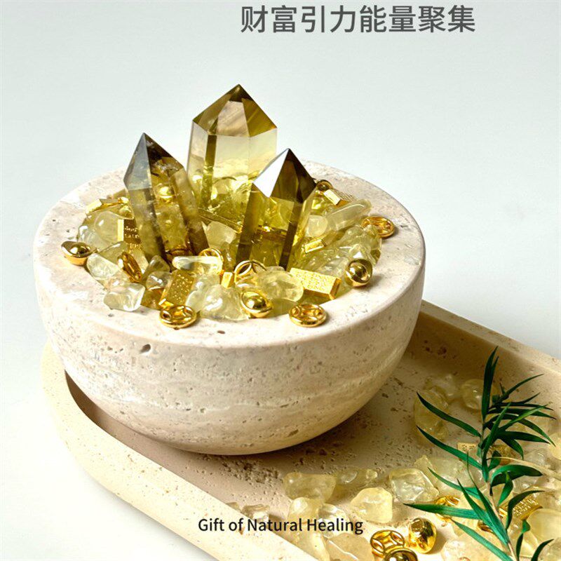 水晶聚宝盆天然水晶柱摆件招财玄关黄水晶洞石碗装饰家居摆件礼物