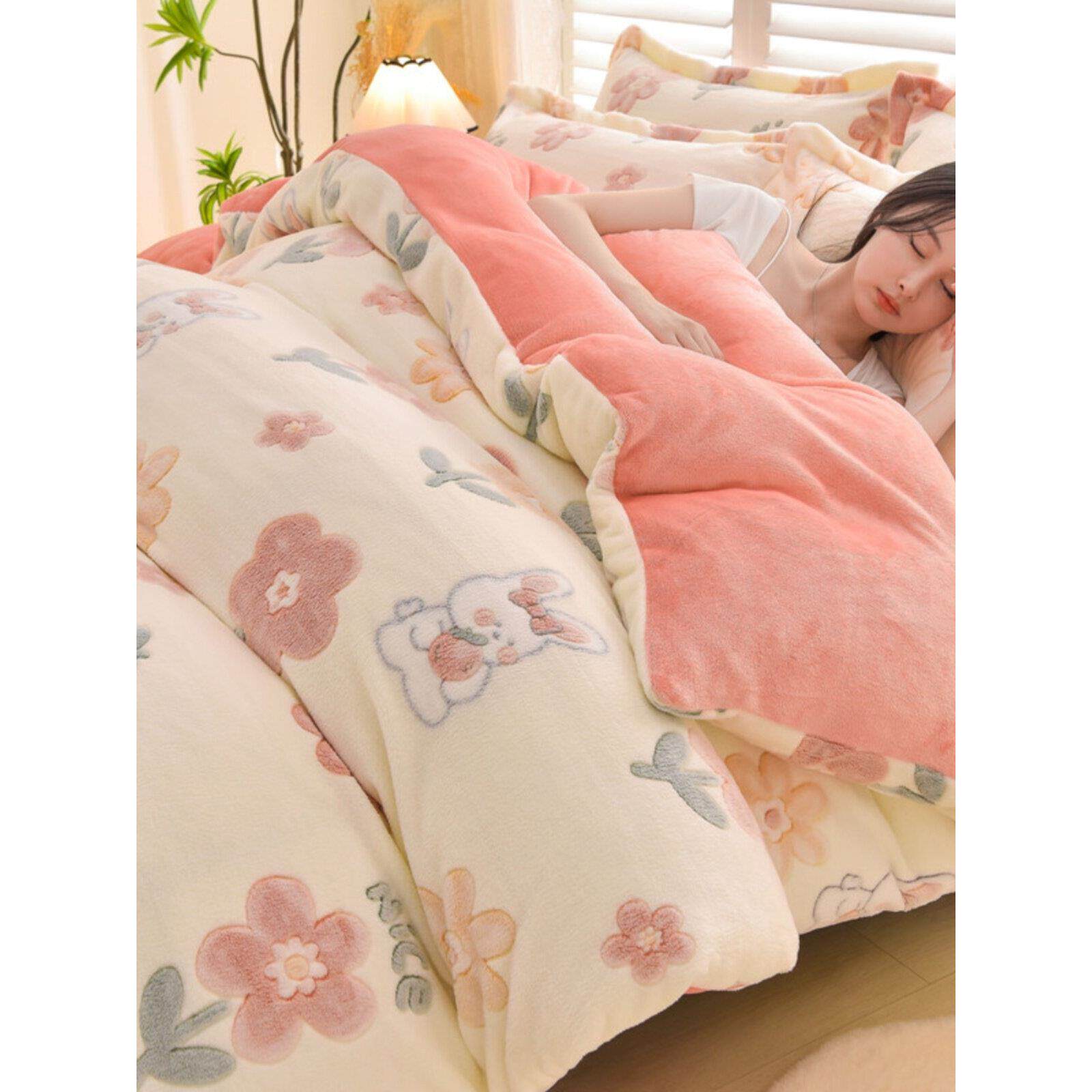 被套+床单+枕套法兰绒四件套雪花绒保暖被套单件珊瑚绒三件套宿舍