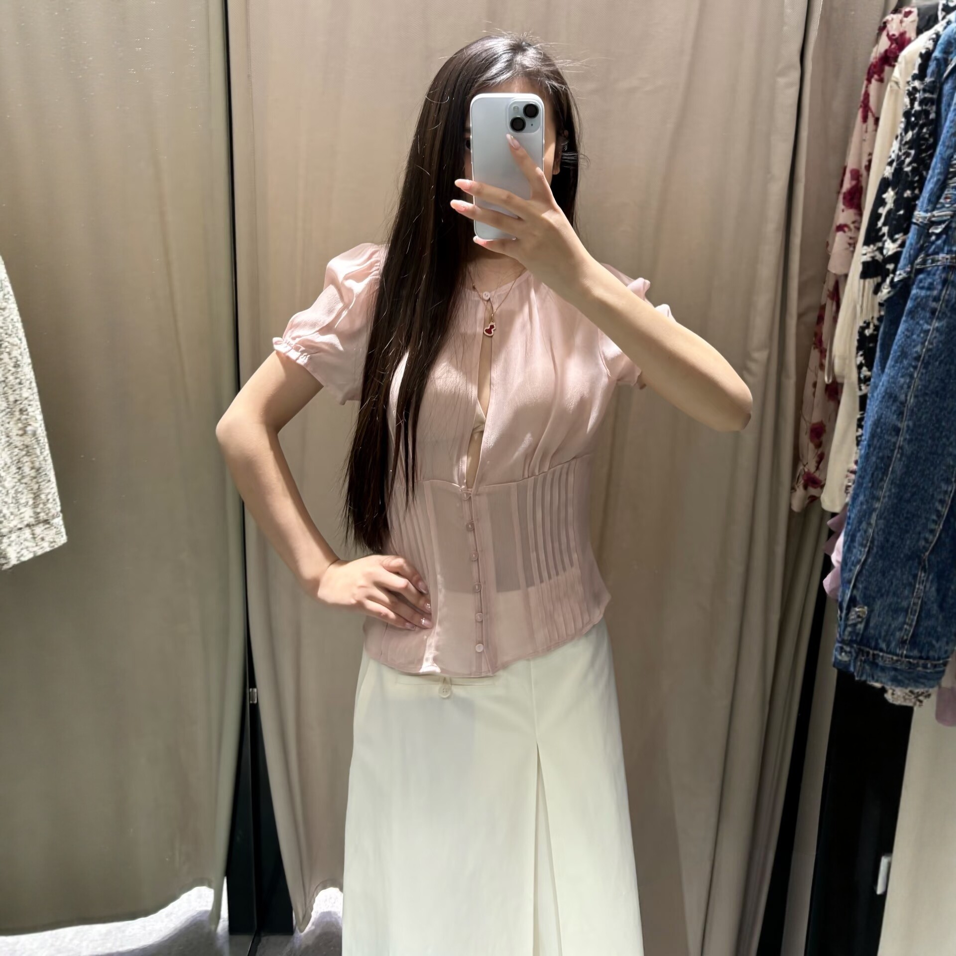 2026ZA春季新品纯色法式温柔风泡泡袖乔其纱半透明上衣女 4764044