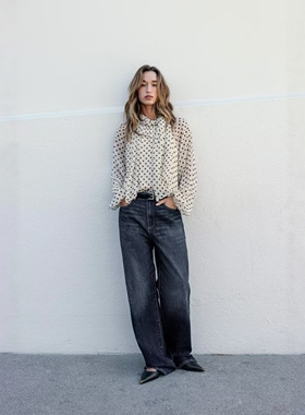 2025ZA冬季新品女装复古风简约款系带饰长袖波点印花衬衫 2570103