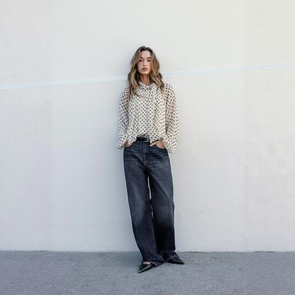 2025ZA冬季新品女装复古风简约款系带饰长袖波点印花衬衫 2570103