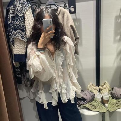 仙女风荷叶边叠层装饰衬衫