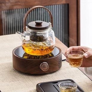 胡桃木电陶炉煮茶器玻璃烧水壶家用小型电热茶炉白茶蒸煮茶壶套装