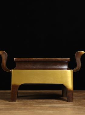 铜摆件黄铜四足朝冠耳马槽炉如意耳方香炉四足香炉熏香炉摆件