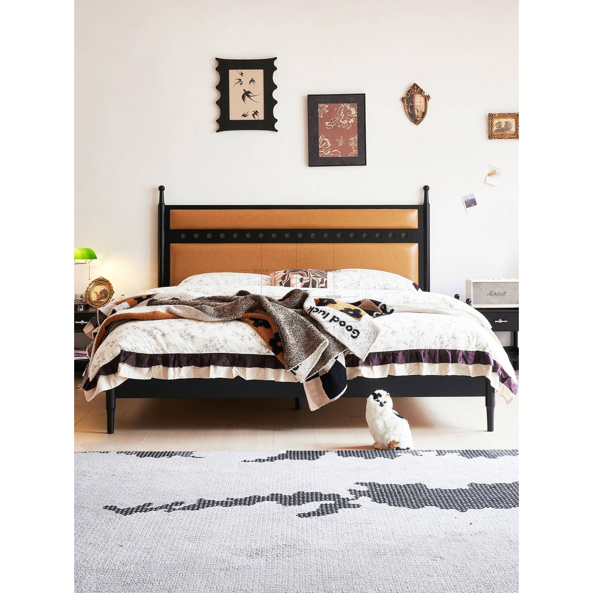 82857式古床纳帕婚真双人主皮卧实美床古风床法式床覆床大风全木