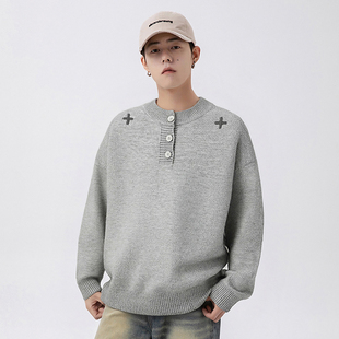 STA复古亨利领针织2025秋冬新款 男灰色纽扣毛衣慵懒风上衣情侣款