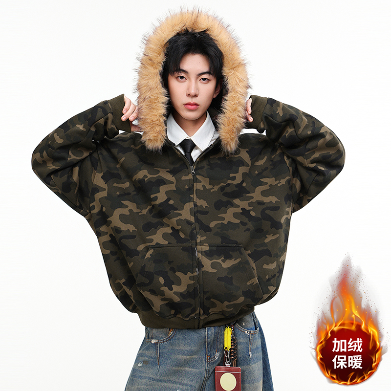 STA秋冬新款迷彩毛领连帽卫衣