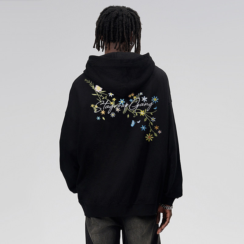 STA美式字母花卉印花连帽卫衣男女外套黑色宽松帽衫百搭套头上衣,男装,卫衣,淘宝优惠券,粉丝福利购,淘宝优惠卷